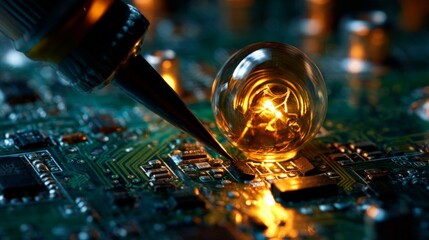 A small light bulb is being inserted into a circuit board. The bulb is glowing and the circuit board is green