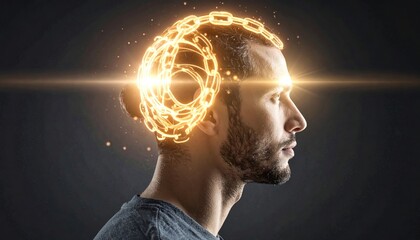 Obraz premium Man with glowing brain and light beam, concept of intelligence.