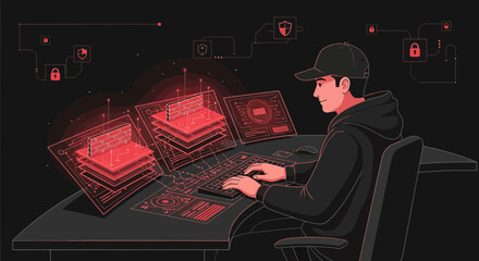 Cybersecurity specialist working on firewall security measures in a virtual environment