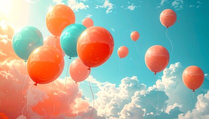 Colorful, glossy balloons float against a vibrant blue sky dotted with fluffy clouds and sunlight
