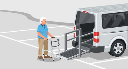 Elderly woman with walker accessing accessible van ramp in parking lot illustration