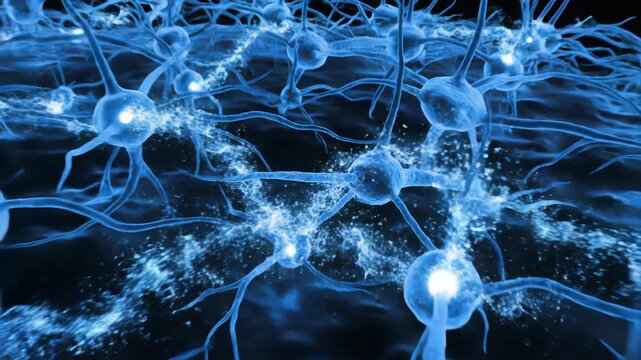 Detailed 3D render of a blue neural network system with glowing connections and electrical sparks, illustrating brain activity and communication between cells.