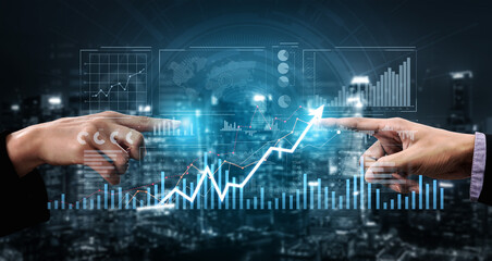 Two hands reaching out towards a glowing financial graph, highlighting growth and collaboration in a modern urban setting, symbolizing business strategy and opportunity. Scalp
