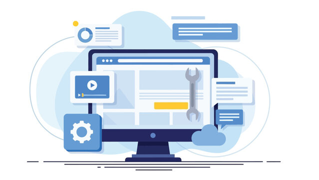 Modern Tech Desktop With Tools And Interfaces Illustrates Web Design, IT, And Collaboration Workflow