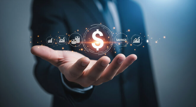 Modern financial technology visualization with dollar symbol investment growth savings metrics and digital banking icons above open hand - Powered by Adobe
