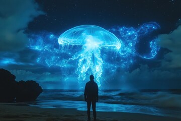 Spectacular glowing jellyfish illuminates the night sky over tranquil beach waters