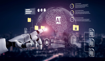 A robotic hand interacting with a digital brain icon, showcasing the future of artificial intelligence, data visualization, and cybersecurity within a high-tech environment. Gantry