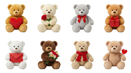 Fototapeta premium Teddy bear set including plush toys with heart, rose, gift box, letter, and scarf isolated. Romantic valentines day and childhood collection.