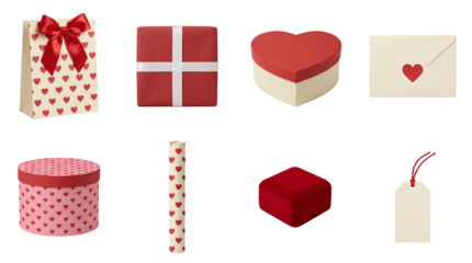 Valentine gift packaging set including bags, boxes, envelope, wrapping paper, and tags isolated. Festive heart pattern present collection.