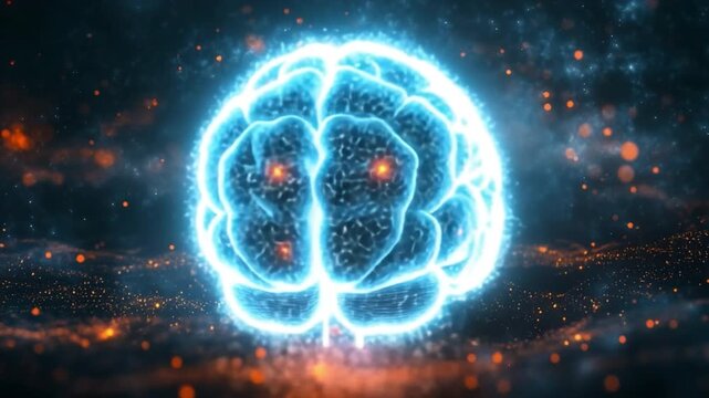Intelligent Mind: A glowing depiction of a brain, sparking with electric energy, against a background of cosmic particles, emphasizing thought, innovation, and intellectual power.