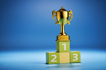 gold trophy on toy block winner podium with number 123