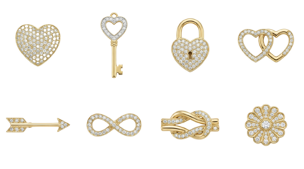 Gold and diamond jewelry set including heart charms, key, padlock, infinity symbol, arrow, love knot, and flower pendants isolated. Luxury fashion accessories and gift collection.