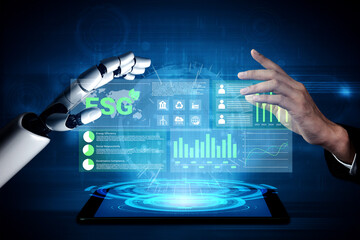 A captivating scene highlighting the interaction between a human hand and a robotic hand, showcasing an advanced digital workspace focused on ESG metrics and sustainability trends. Gantry
