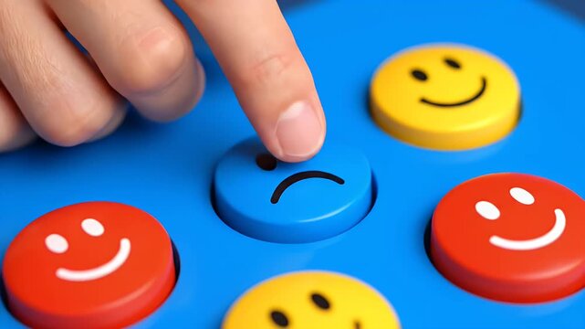 Finger pressing sad face button on customer feedback survey panel, expressing dissatisfaction