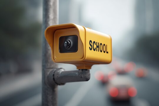 School zone speed camera monitoring traffic on a road