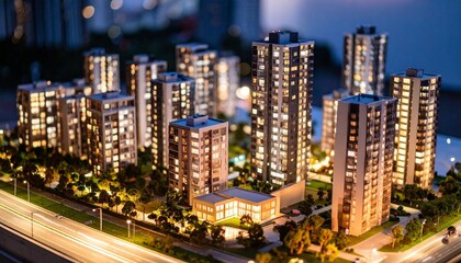 Fototapeta premium Modern residential complex scale model with illuminated high-rise buildings and landscaped areas