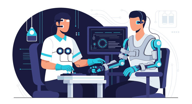 Futuristic medical diagnosis with robotic exoskeletons and virtual reality headsets in a