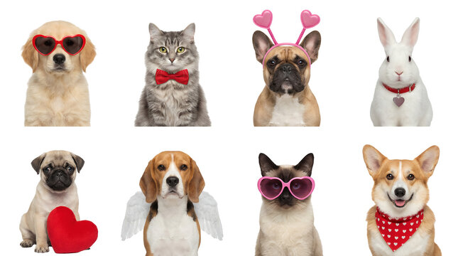 Valentine's Day pet set including dogs, cats, and rabbit with heart glasses, wings, and red accessories isolated. Romantic holiday celebration and cute animal collection.