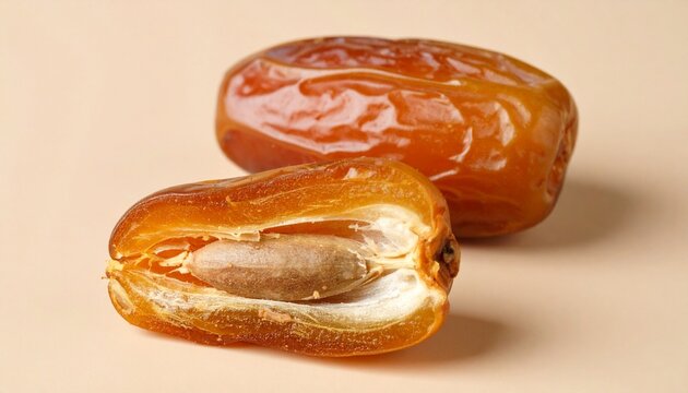 Whole and halved date fruit showing seed and fibrous flesh