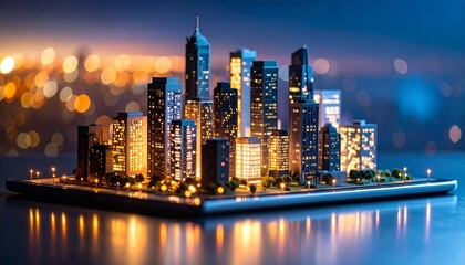 Naklejka premium Miniature modern city skyline model placed on tablet with glowing buildings