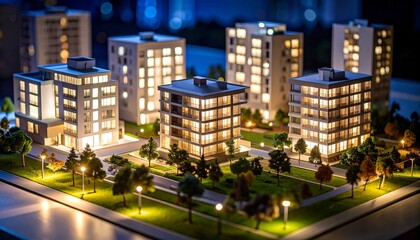 Architectural model of illuminated residential complex with landscaped surroundings
