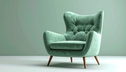 Plush, button-tufted teal armchair against a soft green backdrop, evoking comfort and style