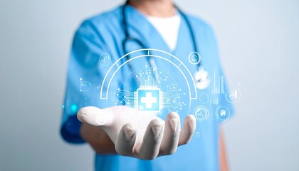 Healthcare professional holding holographic medical icons above gloved hand
