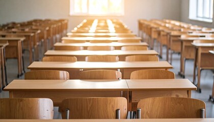 Empty classroom with wooden desks chairs and sunlight from large windows