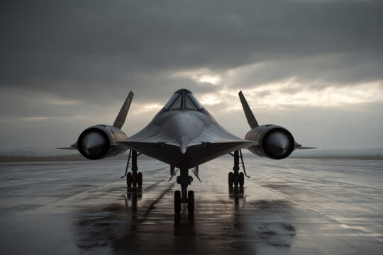 Nighttime SR-71 Blackbird on a Wet Runway with Dramatic Clouds