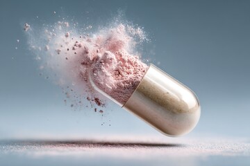 Fototapeta premium A medical capsule exploding into a cloud of pink powder against a soft blue background