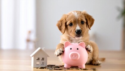 Puppy with piggy bank house model and coins on wooden floor with soft background