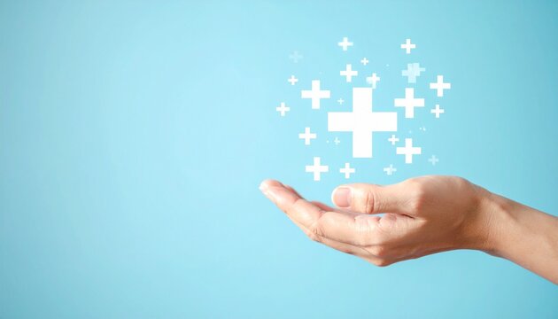 Hand facing upward with floating white plus signs on light blue background
