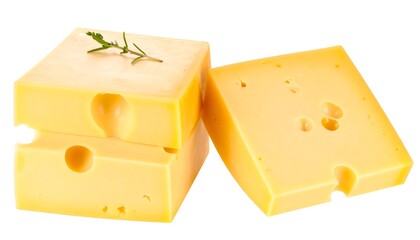 Close-up of yellow Swiss-type cheese blocks, with holes and fresh herb
