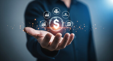 Business professional presenting digital dollar symbol with investment growth savings analytics and modern financial technology concept interface