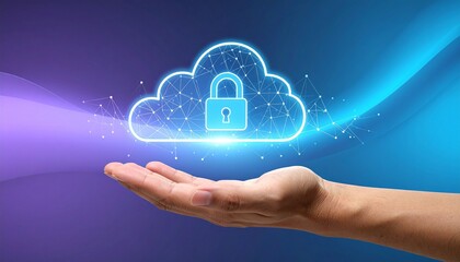 Hand holding glowing cloud with padlock over blue purple gradient