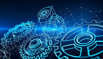 Neon blue wireframe gears interconnected on dark background