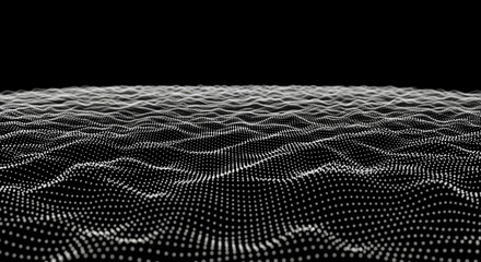 Abstract monochrome data landscape with flowing particle waves forming dynamic digital surface and futuristic technology visualization