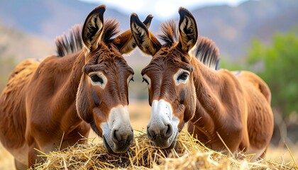 Two donkeys, brown with white faces, eating hay in a natural outdoor setting, close-up
