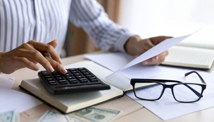Professional at desk analyzing financial documents with calculator and charts.