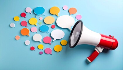 Red and white megaphone releasing colorful speech bubbles on light blue background.