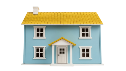 Charming blue dollhouse with yellow roof isolated PNG, miniature toy house for kids play and architectural visualization