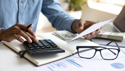Professional at desk analyzing financial documents with calculator and charts.