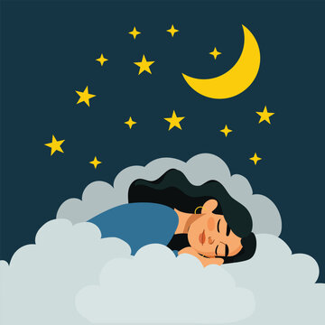 Woman calmly sleeping in the clouds. Mindfulness, healthy lifestyle, self care concept. Modern flat design vector illustration.