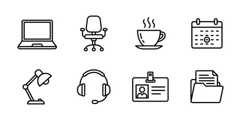 Fototapeta premium Office work line icons set, productivity support tools and workflow
