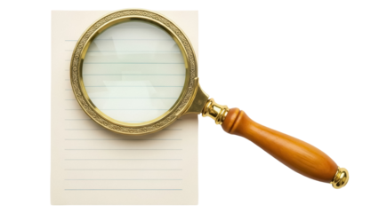 Magnifying glass with wooden handle isolated PNG, vintage style loupe over lined paper on transparent background for design and education