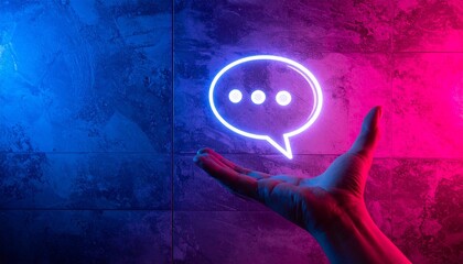 Neon speech bubble with dots above outstretched hand