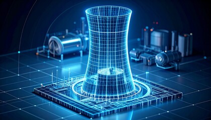 Wireframe cooling tower with glowing blue grid