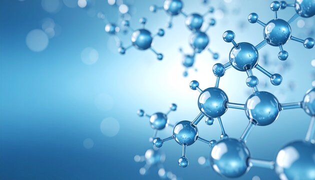 3D molecular structure visualization with blue spheres and rods on gradient background.