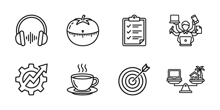 Productivity workflow line icons set, time management, pomodoro, checklist, focus, balance