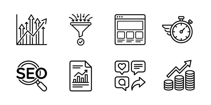 Marketing growth line icons set, conversion funnel, landing page, seo, analytics, revenue